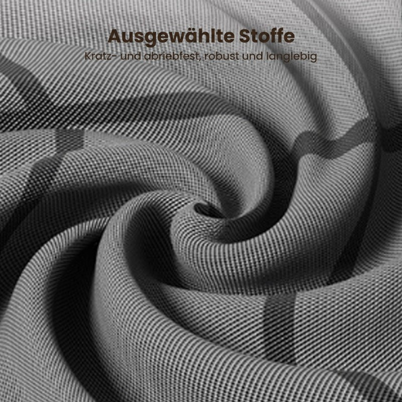 Nahaufnahme des grauen, fein gewebten Stoffs mit dunklen Streifen, in Falten gelegt, um die Oberfläche zu zeigen. 10