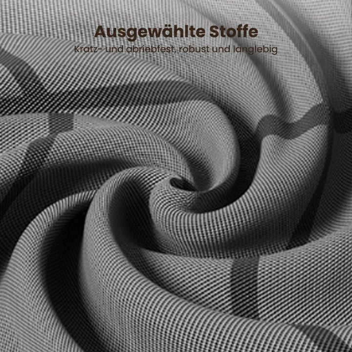 Nahaufnahme des grauen, fein gewebten Stoffs mit dunklen Streifen, in Falten gelegt, um die Oberfläche zu zeigen. 10