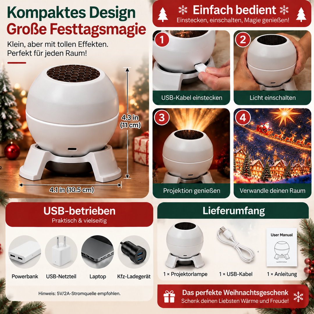 Infografik mit Maßen des kompakten Projektors, vier Bedienschritten, möglichen USB-Stromquellen und Lieferumfang aus 7