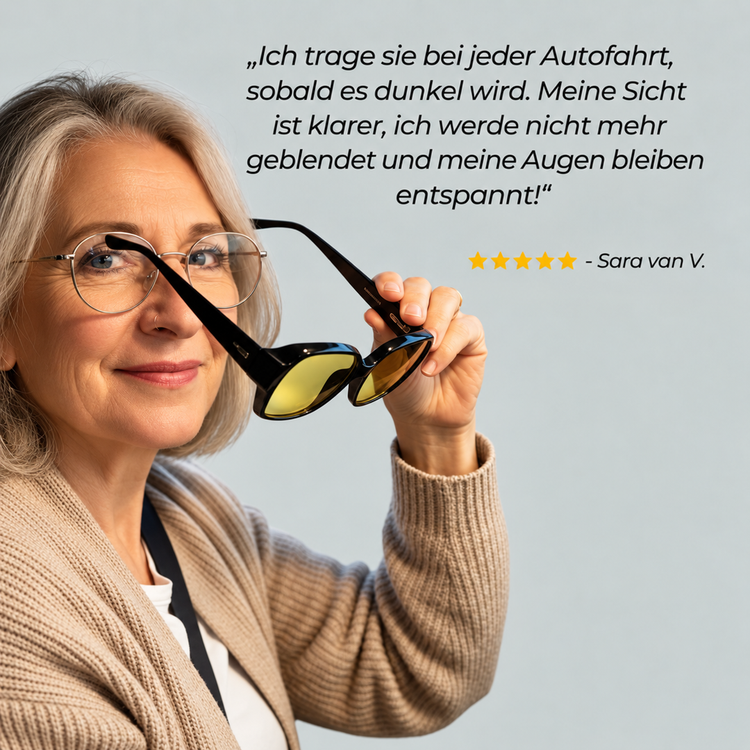 Ältere Frau mit Metallbrille hält die schwarze Überzieh-Nachtbrille mit gelben Gläsern hoch, daneben eine Kundenbewertung mit fünf Sternen. 8