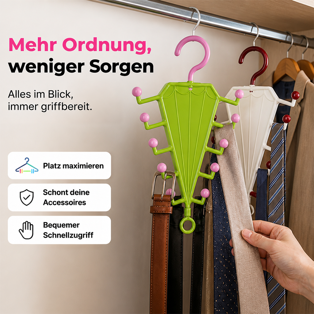 Grüner und weißer Halter hängen an der Stange, Gürtel und Krawatten ordentlich daran, eine Hand greift zu 5