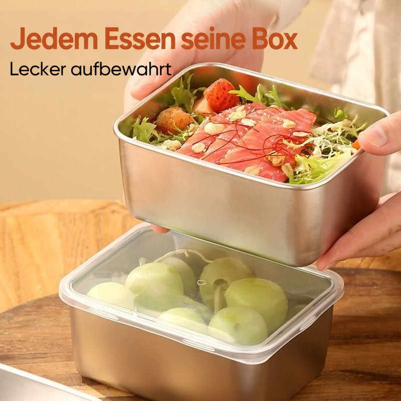 Hände halten eine Edelstahlbox mit Salat, Lachs und Erdbeeren über einer Box mit Deckel und Trauben auf einem Holztisch. 5