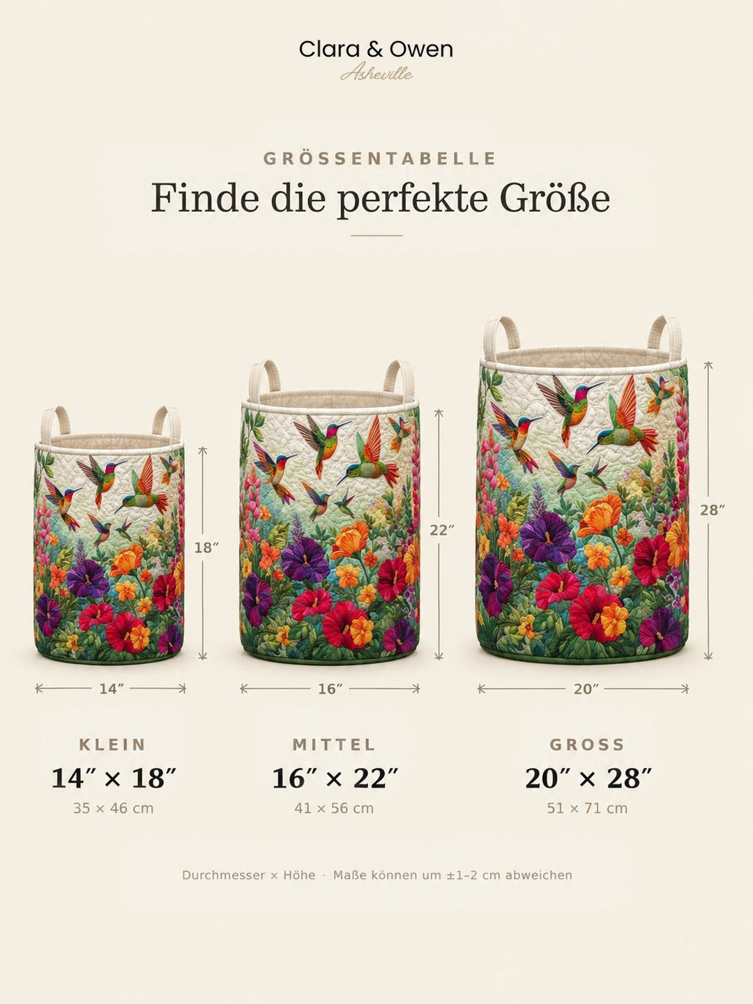 Größenübersicht mit drei Korbgrößen nebeneinander, Klein, Mittel und Groß, jeweils mit Durchmesser und Höhe in Zoll und Zentimetern. 5