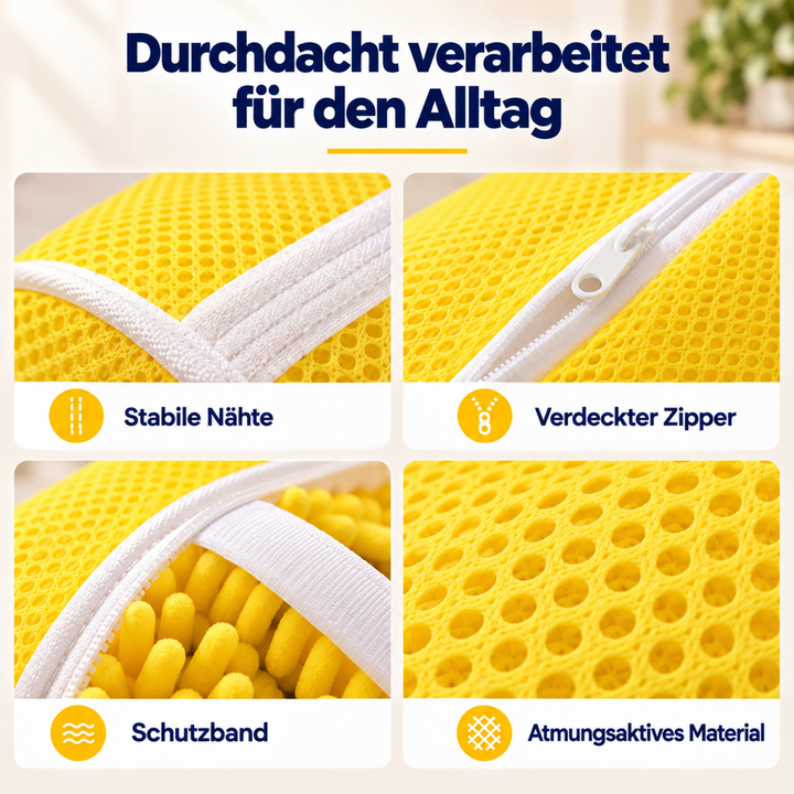 Vier Detailaufnahmen der gelben Tasche: Nähte, verdeckter Reißverschluss, Schutzband und luftiges Netzmaterial 7