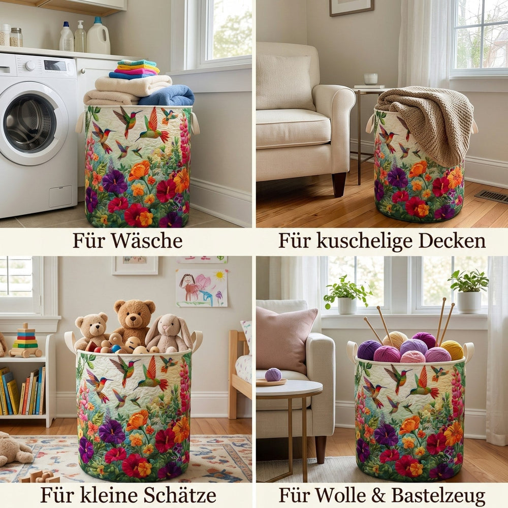 Vier Bilder desselben Korbs in Waschküche, Wohnzimmer und Kinderzimmer, gefüllt mit Wäsche, Decke, Kuscheltieren und Wollknäueln. 2