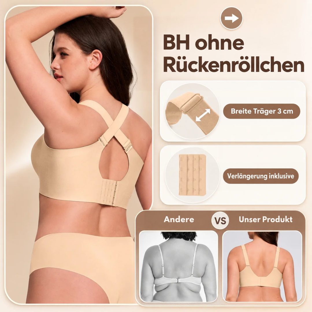 Model von hinten mit beigem BH, überkreuzten Trägern und Hakenverschluss, daneben Infografik zu Trägern und Verlängerung 3