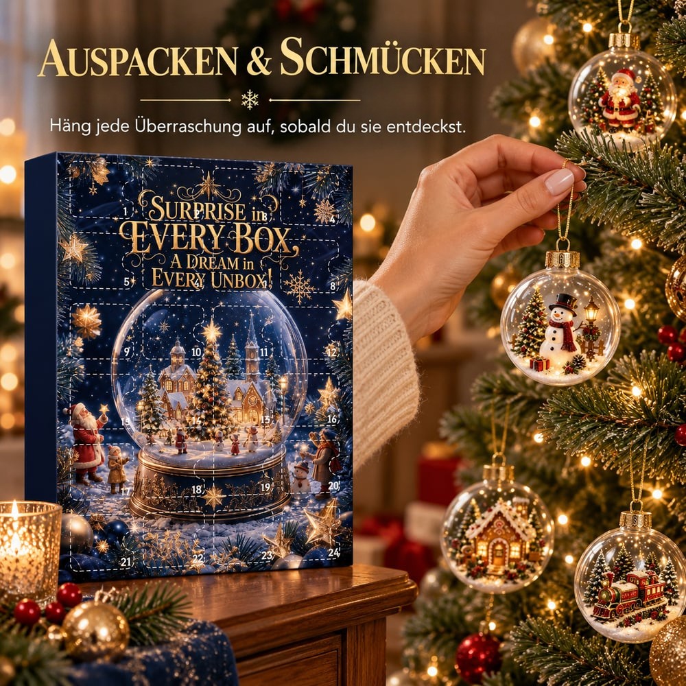 Eine Hand hängt eine Schneemann-Kugel an den Weihnachtsbaum, links steht die Kalenderschachtel auf einer Holzkommode 9