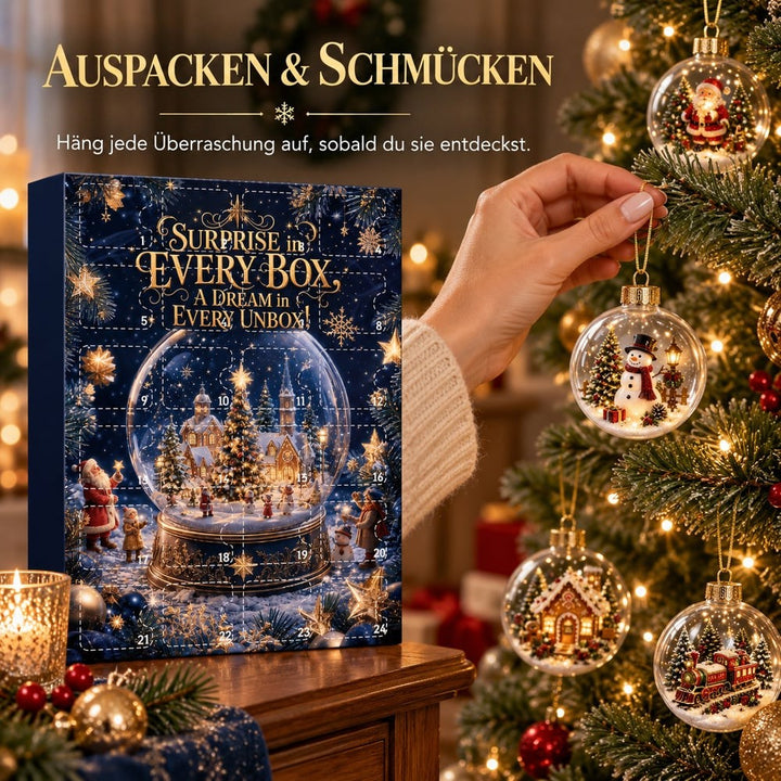 Eine Hand hängt eine Schneemann-Kugel an den Weihnachtsbaum, links steht die Kalenderschachtel auf einer Holzkommode 9