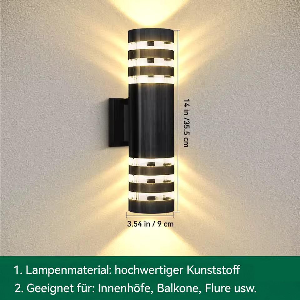 Maßgrafik der runden Wandleuchte mit drei Ringen je Seite und größter Länge, Maße eingezeichnet 15