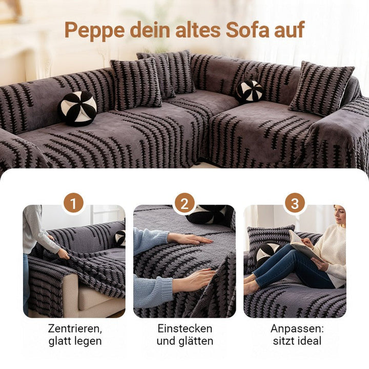 Ecksofa mit grauem Bezug und Kissen, darunter drei Bilder der Anbringung: auflegen, glattstreichen, anpassen 6