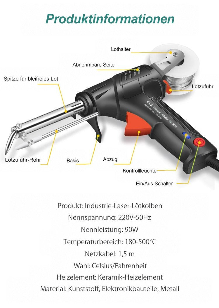 Gerät mit beschrifteten Bauteilen und aufgelisteten technischen Daten zu Spannung, Leistung und Kabellänge 8