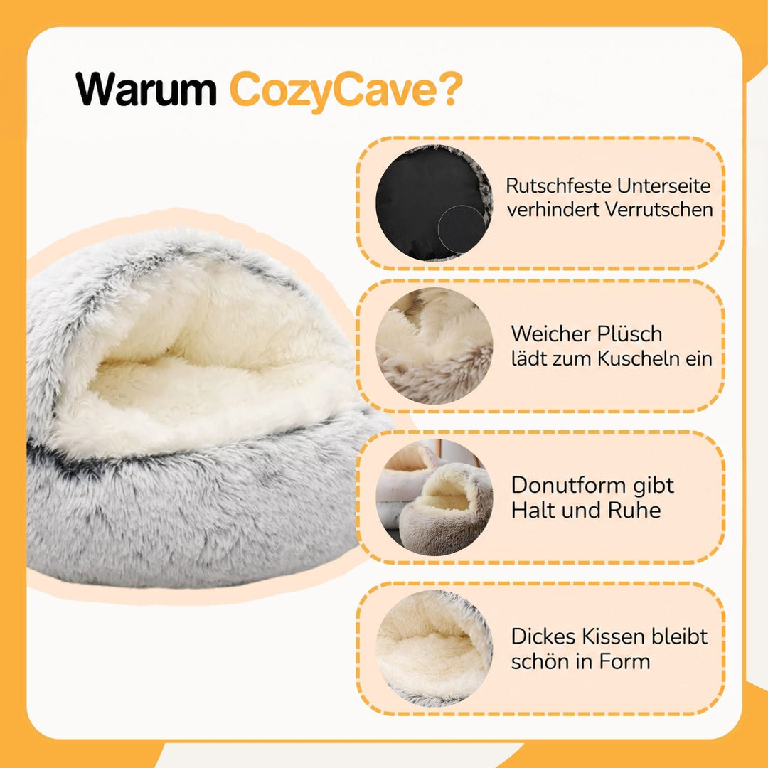 Infografik mit grauer Plüschhöhle und vier Detailkreisen zu rutschfester Unterseite, weichem Plüsch, Donutform und dickem Kissen. 5