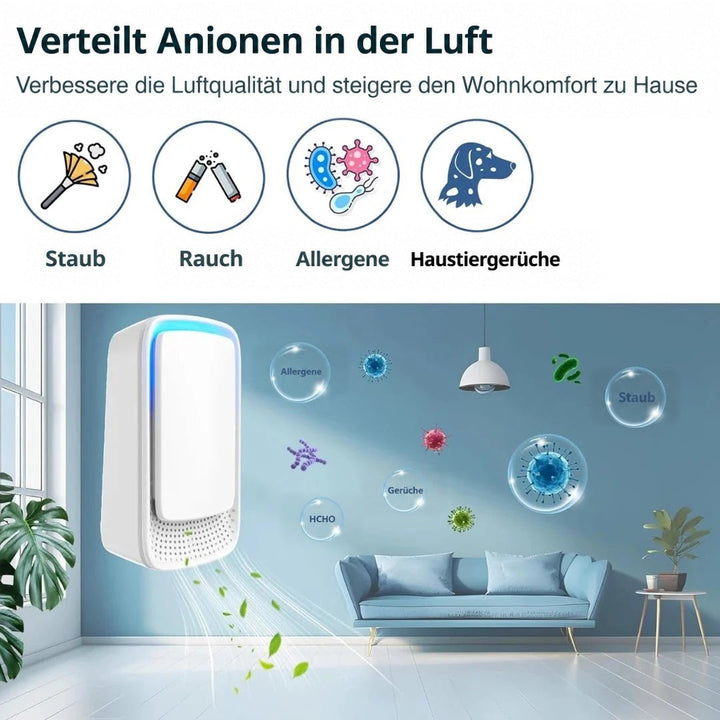 Infografik: Gerät in einem blauen Wohnzimmer verteilt Ionen, Symbole zeigen Staub, Rauch, Allergene und Tiergerüche 8