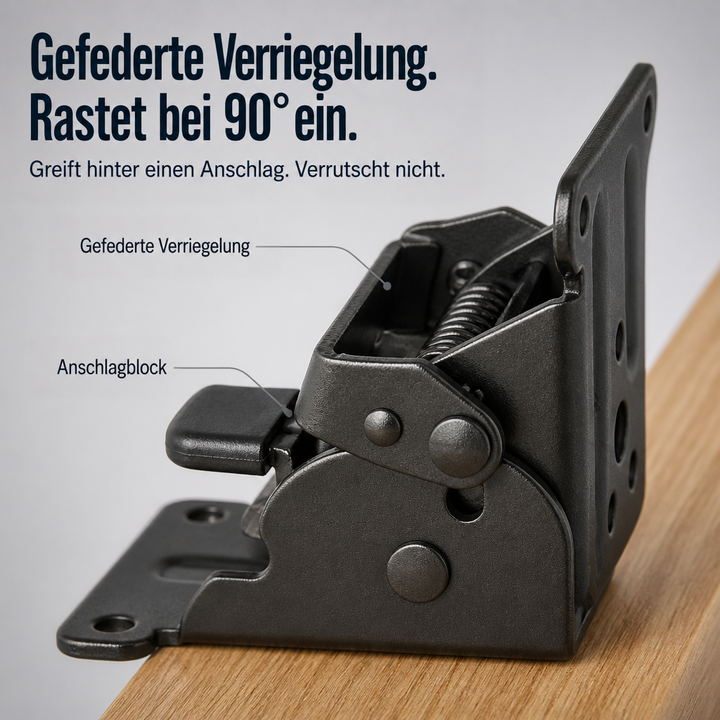 Nahaufnahme der schwarzen Halterung mit sichtbarer Feder und Sperrblock an der Kante einer Holzplatte, beschriftet mit Erklärungen. 3