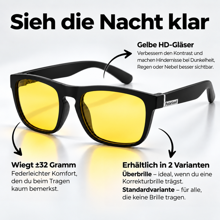 Nachtfahrbrille mit mattschwarzem eckigem Rahmen und gelben Gläsern, mit Pfeilen zu Gläsern, Gewicht und den zwei Varianten. 5