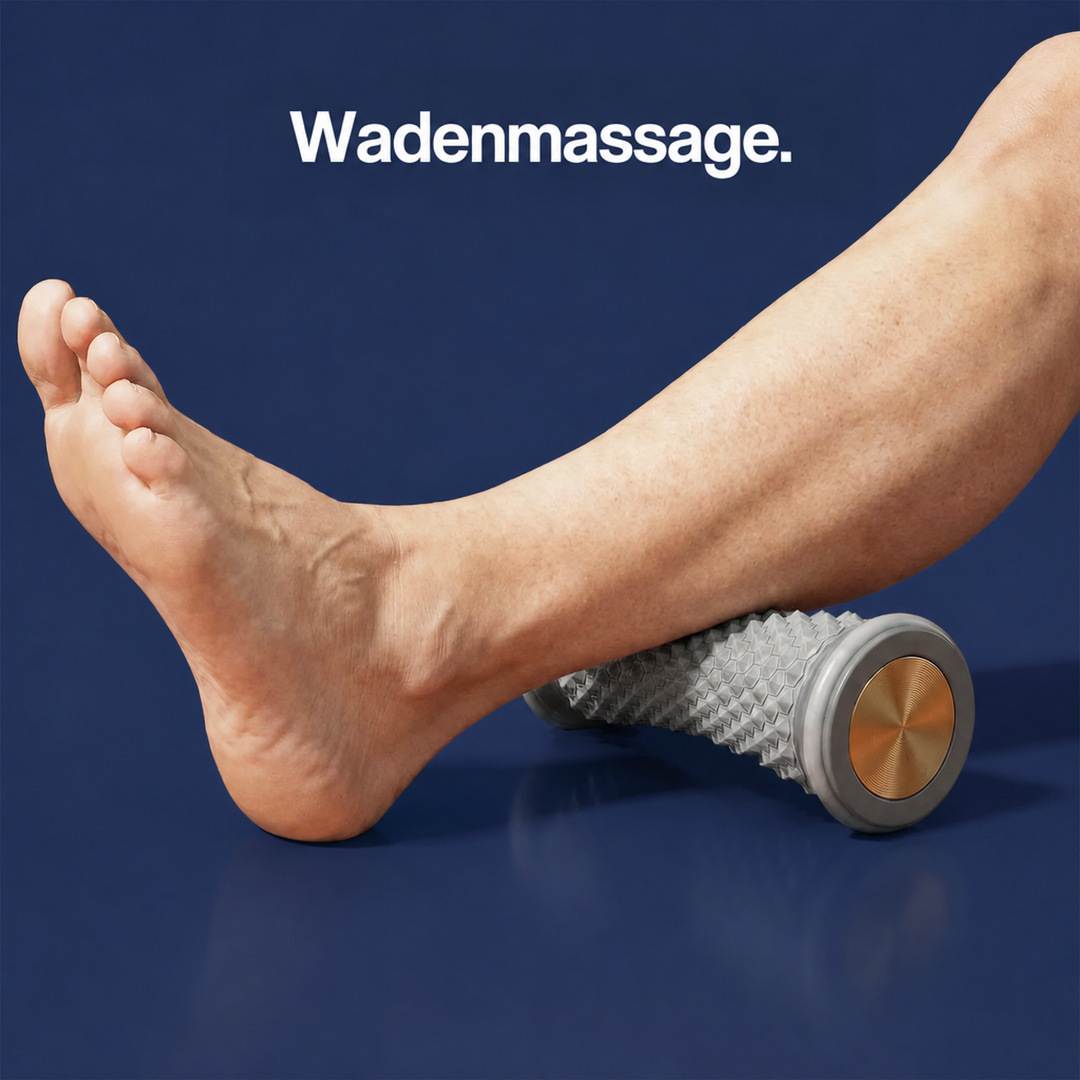 Die Wade eines ausgestreckten Beins liegt auf dem Roller und wird massiert 3
