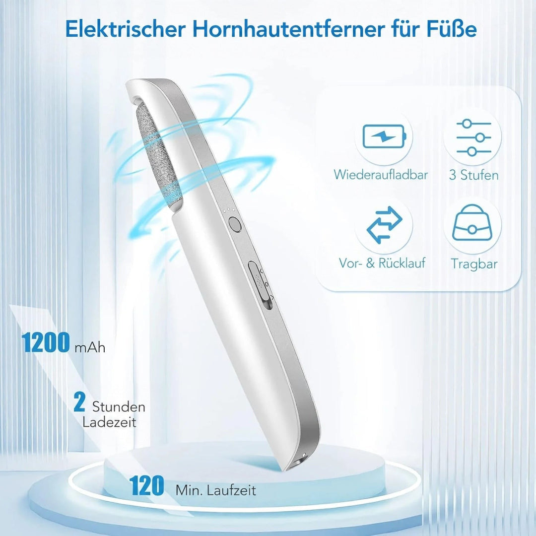 Weißes Gerät mit Rolle in Bewegung, umgeben von Symbolen für Akku, drei Stufen, Drehrichtung und Handlichkeit. 3