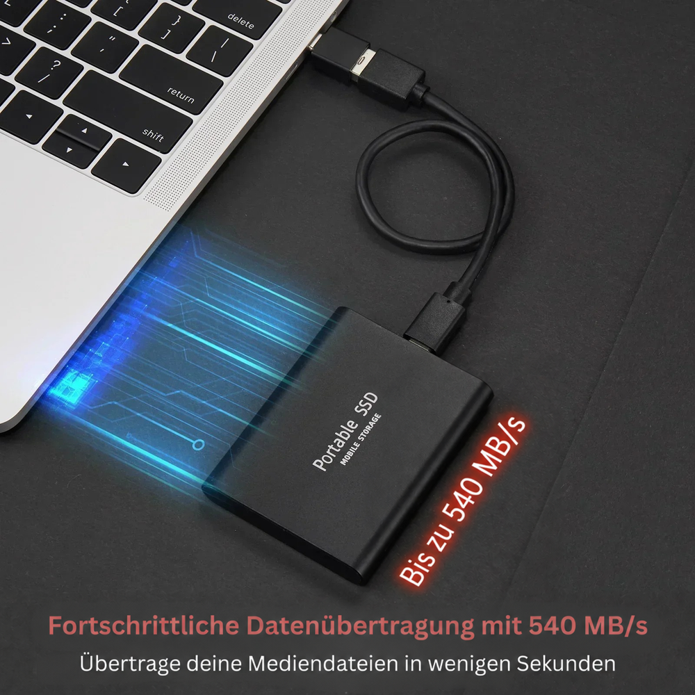 Schwarze SSD per Kabel an einem Laptop angeschlossen, mit blauen Lichtstreifen als Symbol für schnelle Datenübertragung 2