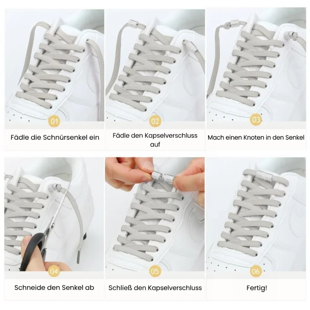 Sechs Bilder zeigen Schritt für Schritt, wie die elastischen Schnürsenkel mit Kapselverschluss eingefädelt und gekürzt 2