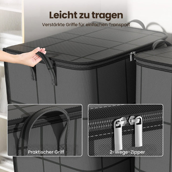 Nahaufnahme der verstärkten Tragegriffe, eine Hand hebt einen Griff an; Detailbild des Zwei-Wege-Reißverschlusses mit Metallzippern. 8