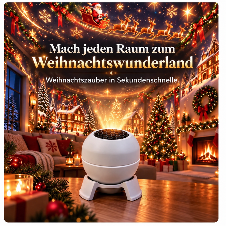 Kugelprojektor auf Holztisch taucht ein Wohnzimmer mit Tannenbaum und Kamin in winterliche Lichtmotive an Wänden und Decke 2