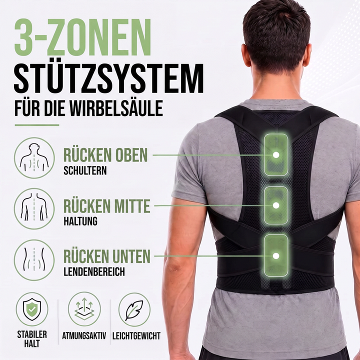 Mann von hinten mit schwarzer Rückenstütze, drei grün markierte Stützzonen entlang der Wirbelsäule für oberen, mittleren und unteren Rücken. 6