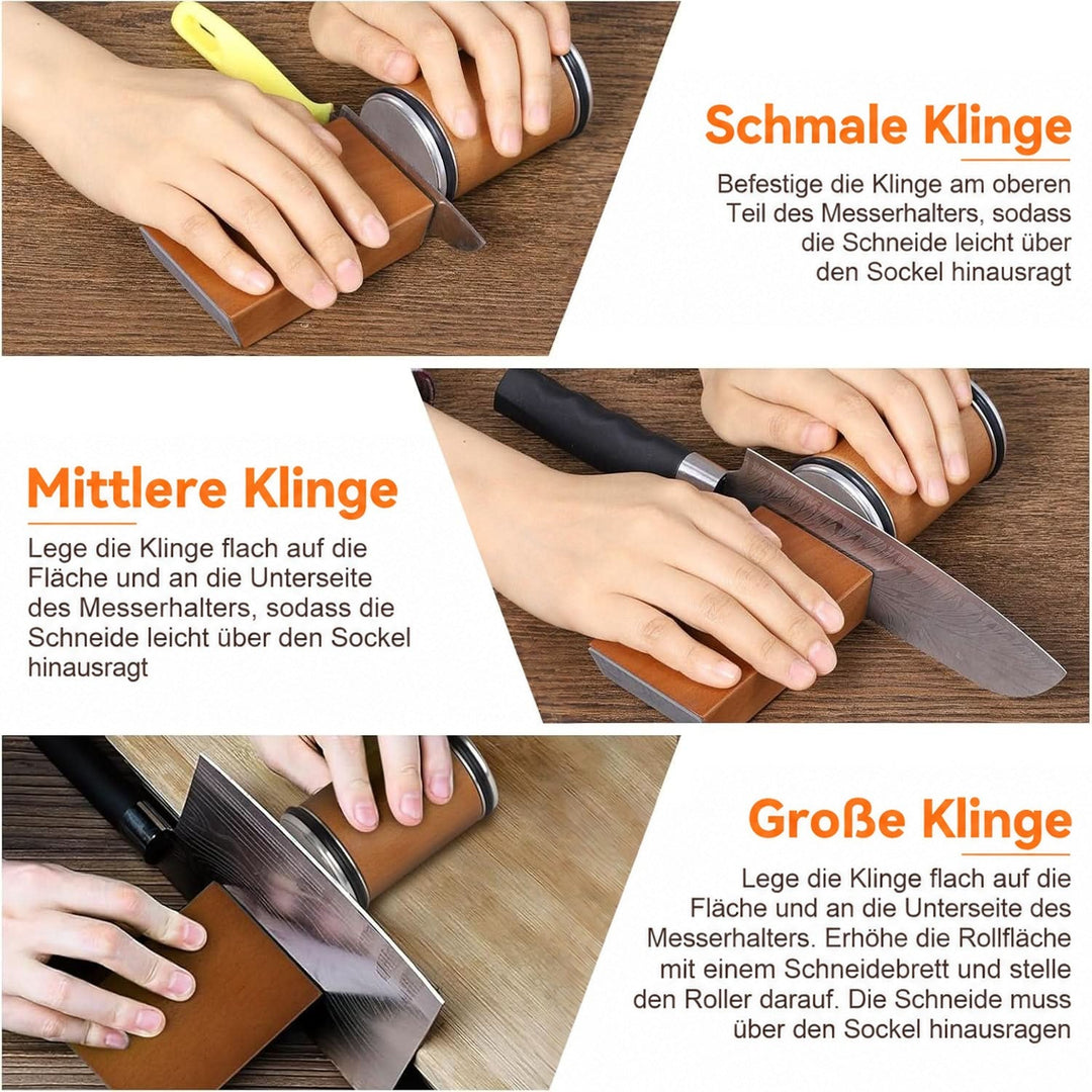 Drei Anwendungsbilder zeigen, wie schmale, mittlere und große Klingen auf dem Winkelblock fixiert und mit dem Roller geschliffen werden. 7