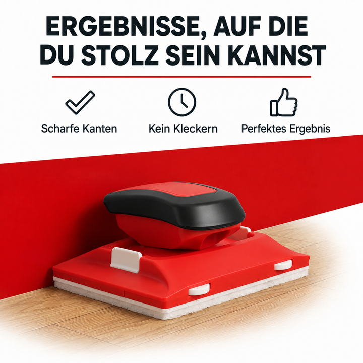 Rotes Streichgerät mit schwarzem Griff und weißem Filzstreifen steht an einer roten Wand auf einem Holzboden 2