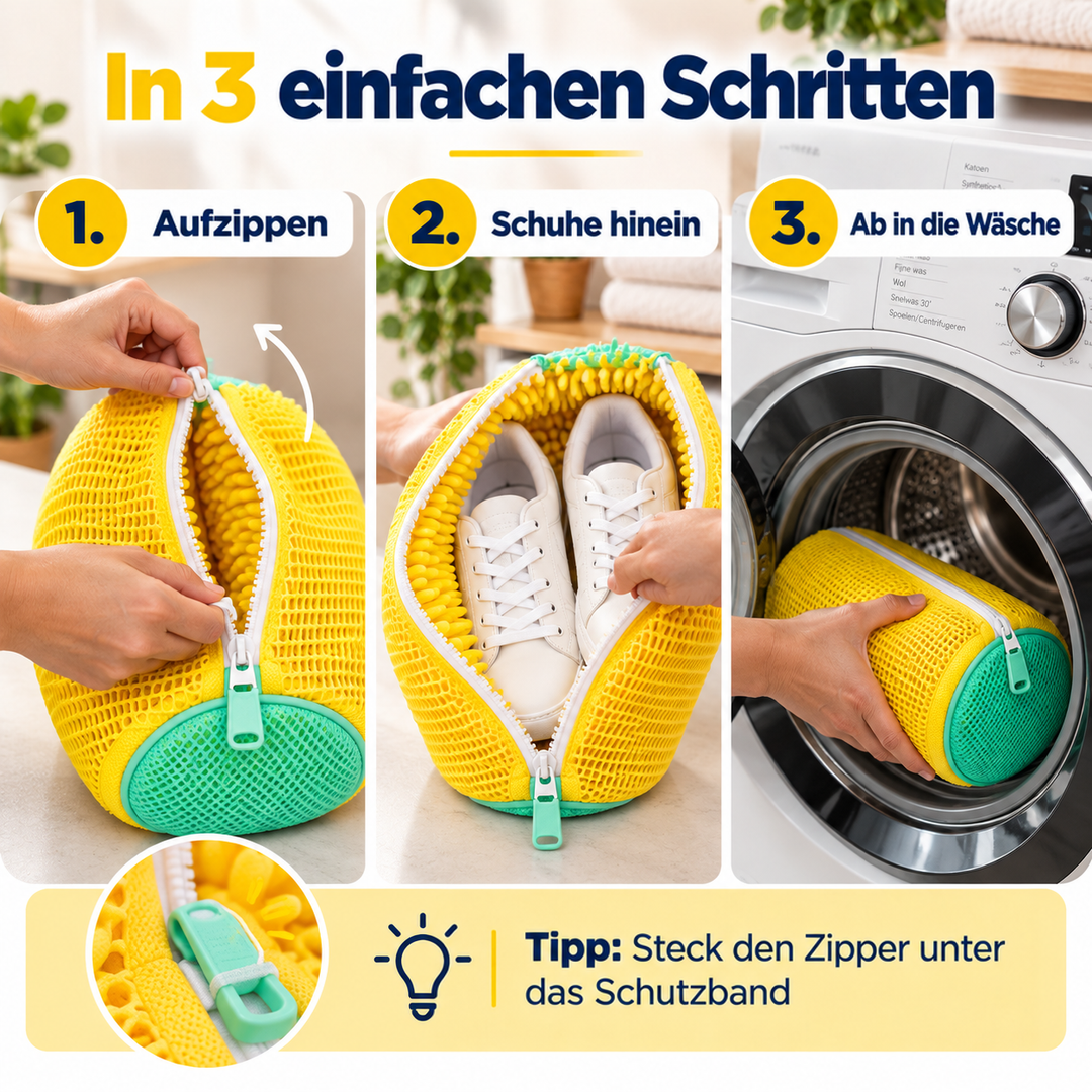Dreiteilige Anleitung: Reißverschluss öffnen, Sneaker einlegen, Tasche in die Waschmaschine geben; Detail der Schlaufe 6