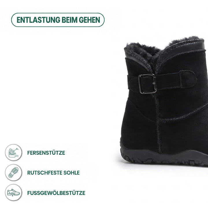 Schwarzer Stiefel im Detail mit Schnalle, Fellkragen und Ferse, daneben Symbole zu Fersenhalt und rutschfester Sohle 13
