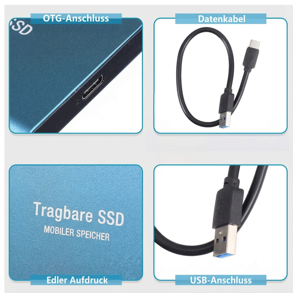 Vier Detailansichten: USB-C-Anschluss am Gehäuse, Kabel mit USB-A-Stecker, geprägte Oberfläche und USB-Schnittstelle 7