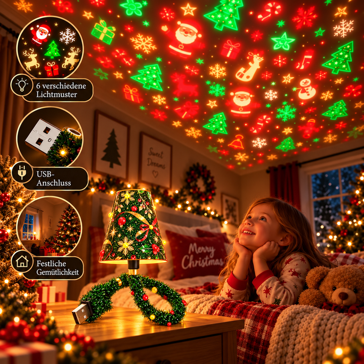 Lächelndes Mädchen im Schlafanzug liegt im Bett und schaut zu den bunten Weihnachtsmustern an der Decke, die die Lampe auf dem Nachttisch projiziert. 8