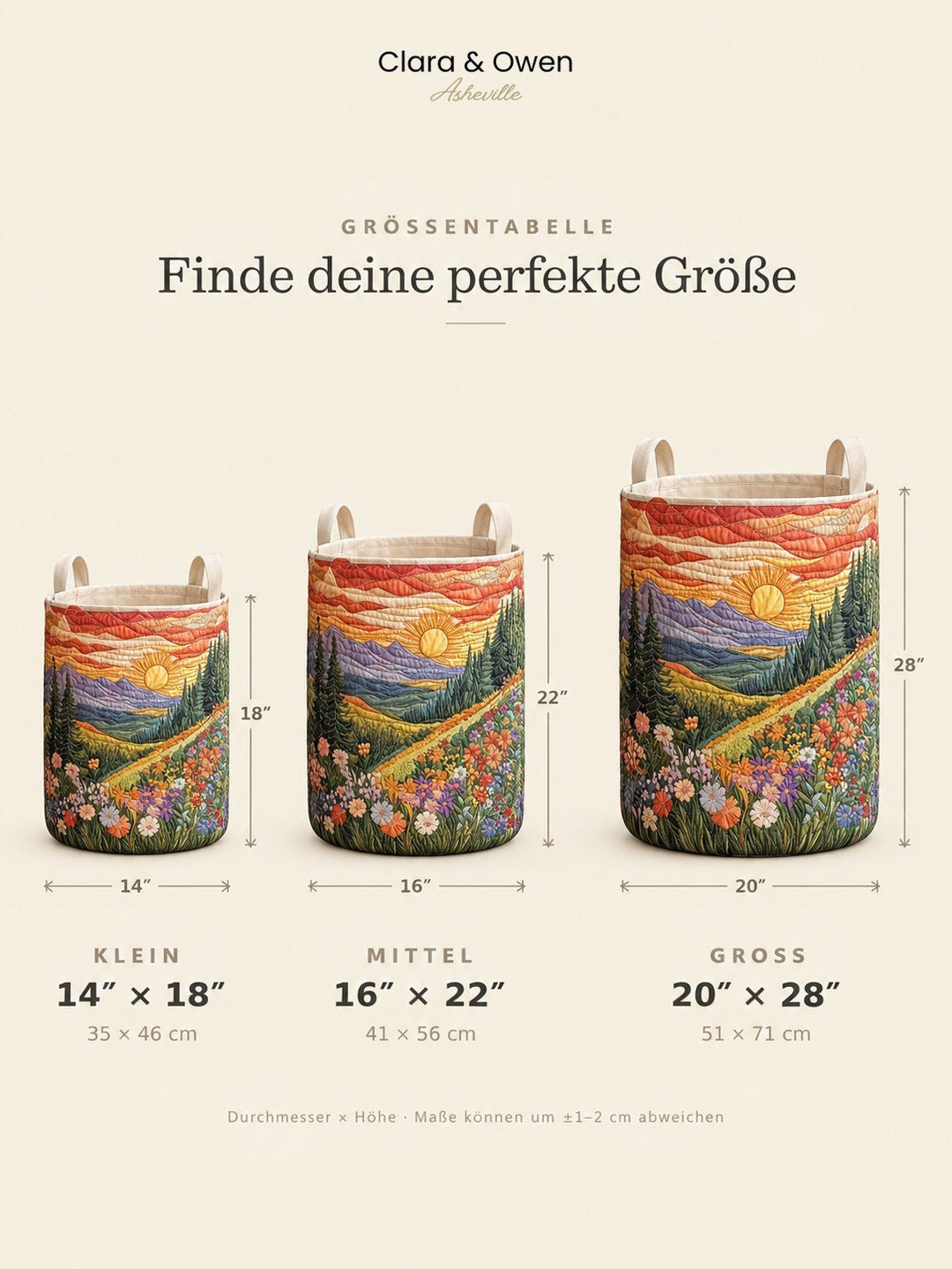 Größenübersicht mit drei Körben in Klein, Mittel und Groß, mit eingezeichneten Maßen für Durchmesser und Höhe. 5