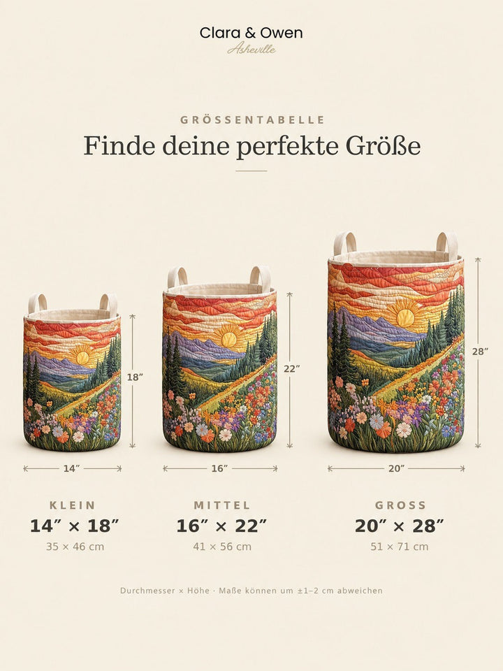 Größenübersicht mit drei Körben in Klein, Mittel und Groß, mit eingezeichneten Maßen für Durchmesser und Höhe. 5