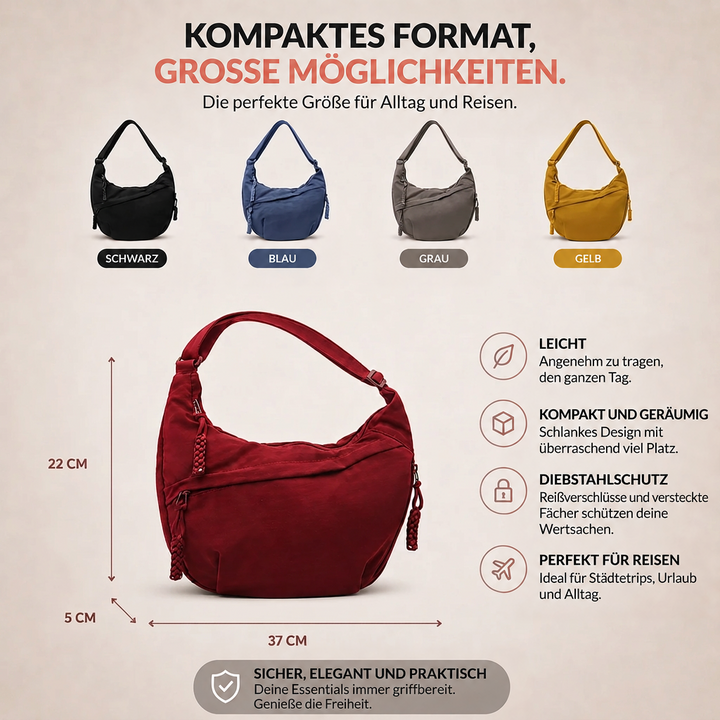 Infografik mit der bordeauxfarbenen Tasche samt Maßangaben sowie vier weiteren Farbvarianten: Schwarz, Blau, Grau und Gelb. 3