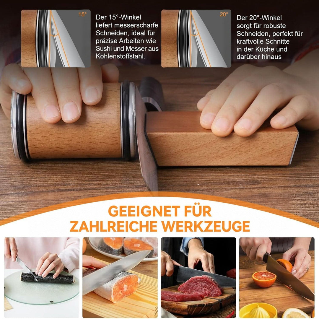Anwendung am Messer mit Vergleich der 15- und 20-Grad-Winkel, darunter vier Einsatzbeispiele beim Schneiden von Sushi, Lachs, Fleisch und Orange. 6