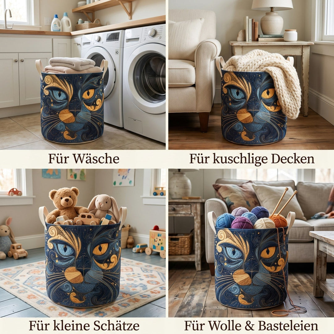 Vier Einsatzbeispiele des Korbs: mit Handtüchern an der Waschmaschine, mit Wolldecke am Sessel, mit Plüschtieren und Holzspielzeug, mit Wollknäueln. 2