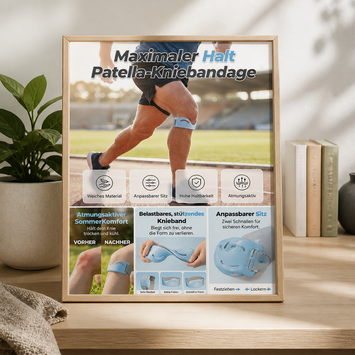Gerahmtes Infoplakat auf einem Holzregal zeigt den Knieriemen beim Laufen, dazu Detailbilder zu Flexibilität, Atmungsaktivität und doppelter Schnalle. 3
