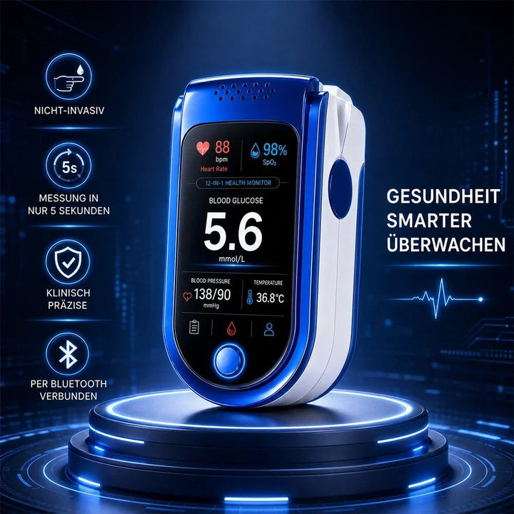 Messgerät auf einem leuchtenden blauen Podest vor dunklem Technikhintergrund, links vier Symbole für Eigenschaften des Geräts. 7