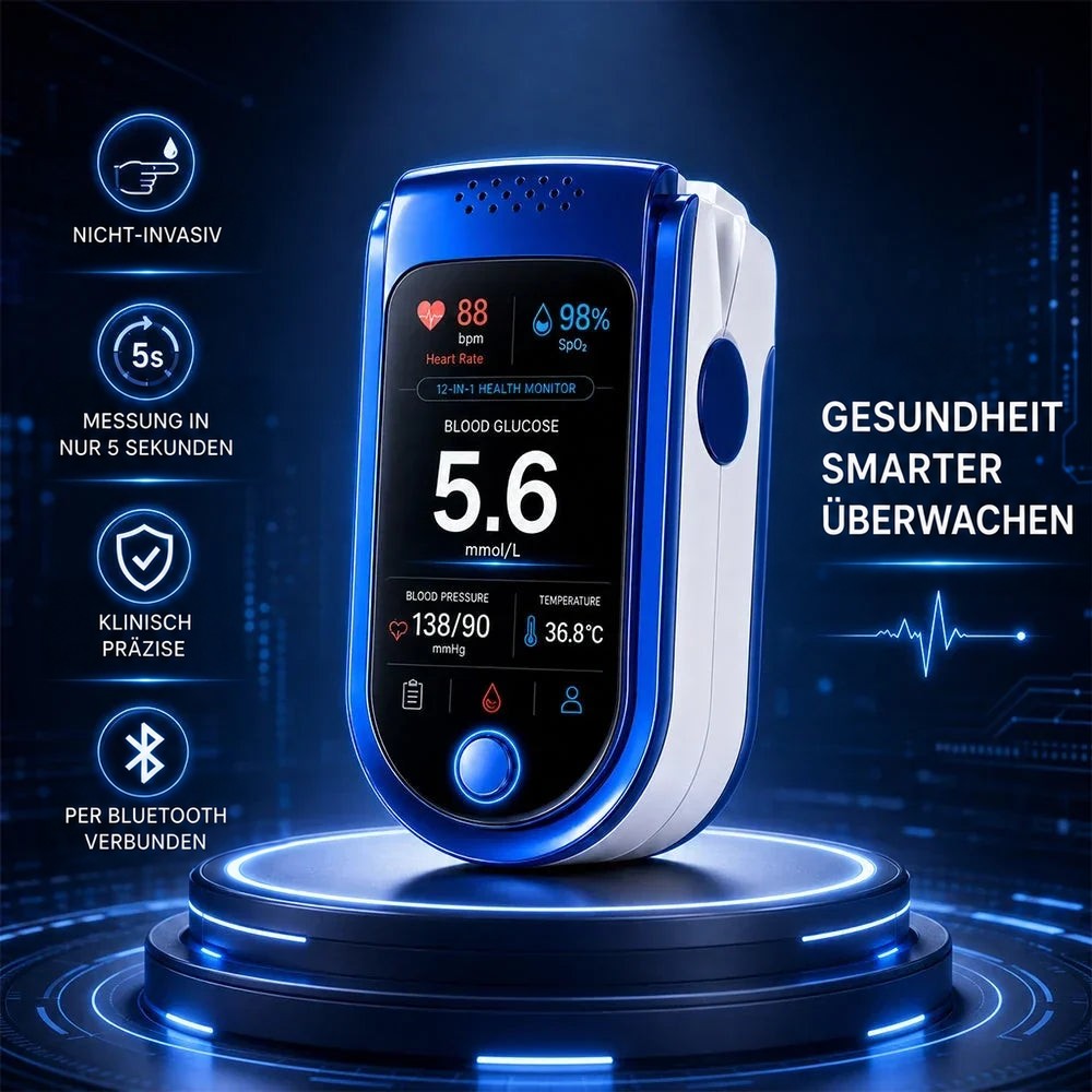 Das Messgerät auf einem leuchtenden blauen Podest vor dunklem Technik-Hintergrund, umgeben von vier Merkmalssymbolen. 7