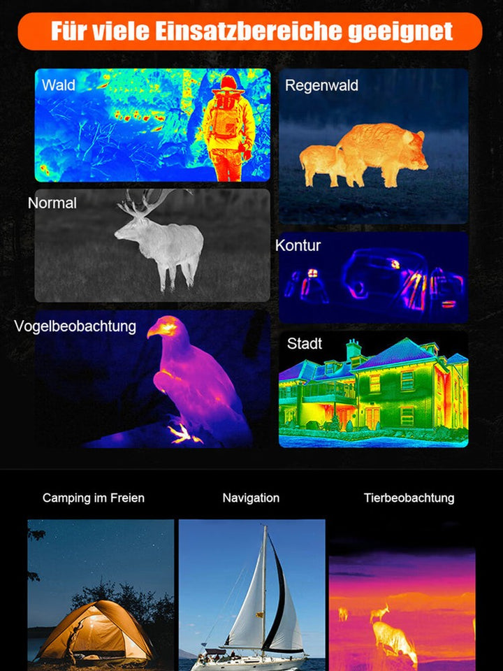 Übersicht mit Wärmebildern von Wald, Wildschweinen, Hirsch, Adler und Gebäude sowie Fotos von Zelt, Segelboot und 5