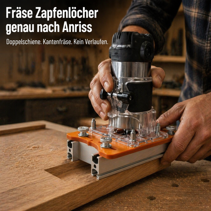 Handwerker fräst mit einer Kantenfräse auf der orangefarbenen Schablone mit zwei Aluminium-Schienen ein Zapfenloch in ein Holzbrett in der Werkstatt. 1