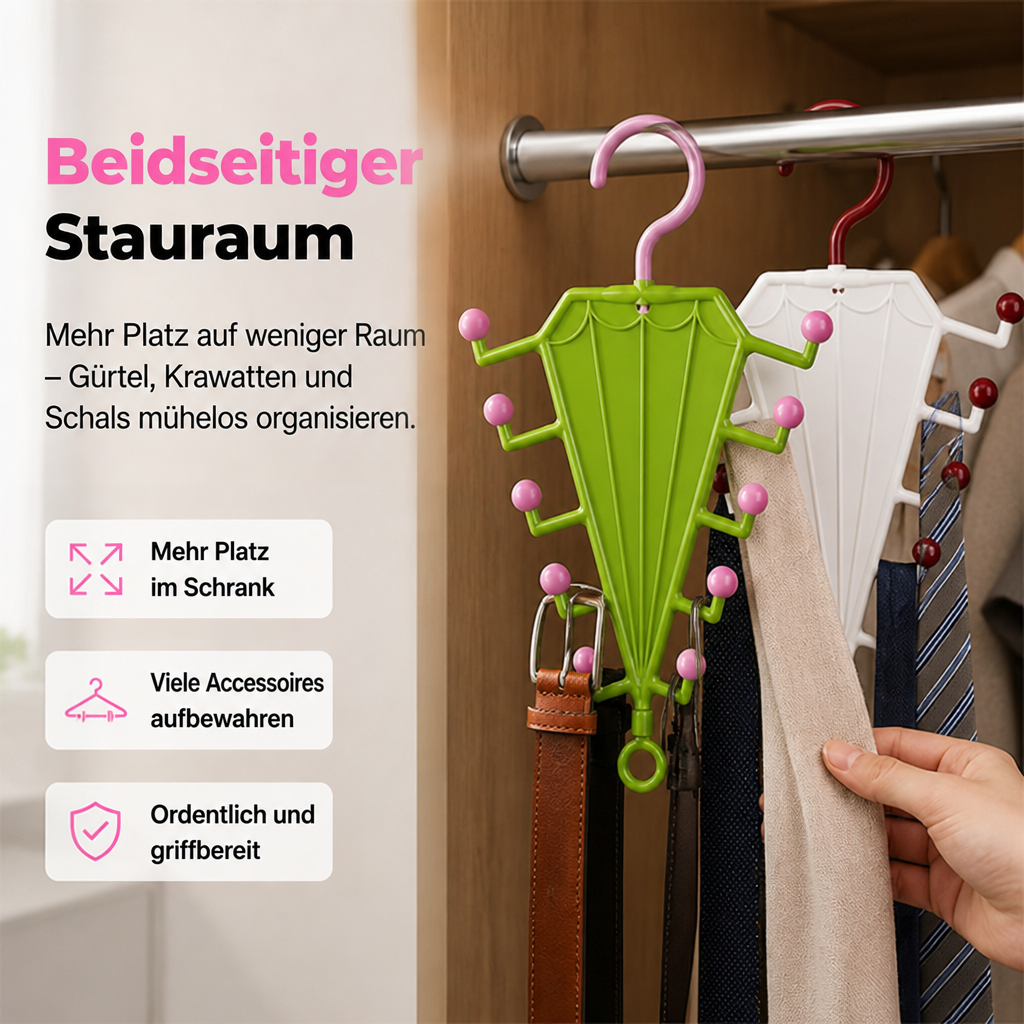 Grüner und weißer schirmförmiger Halter an der Kleiderstange, behängt mit Gürteln, Krawatten und Schals, eine Hand greift 1