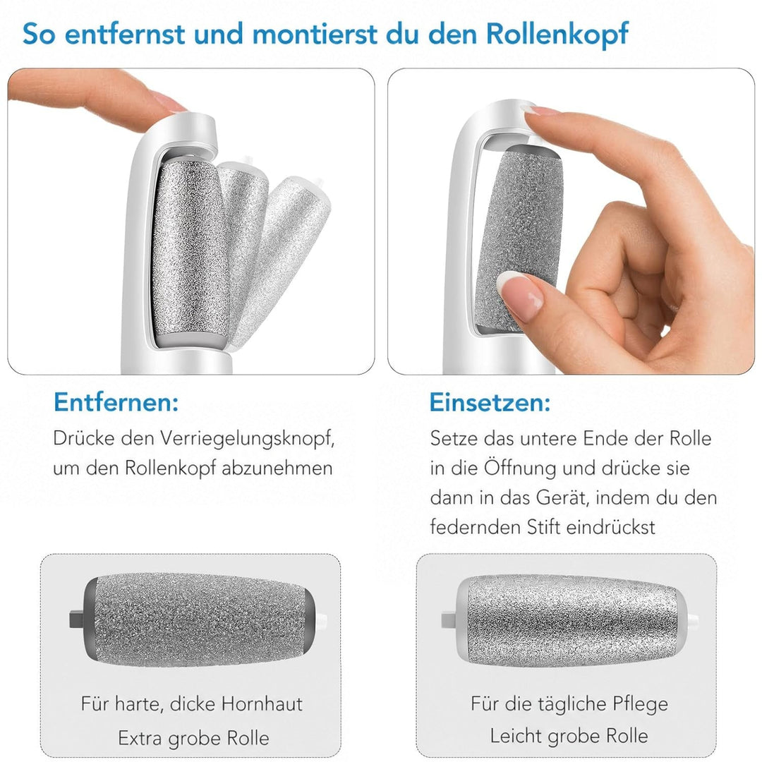 Zwei Hände zeigen, wie die Rolle per Entriegelungstaste entnommen und eingesetzt wird, unten die grobe und die feine Rolle. 4