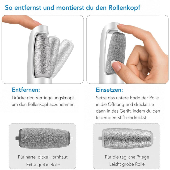 Zwei Hände zeigen, wie die Rolle per Entriegelungstaste entnommen und eingesetzt wird, unten die grobe und die feine Rolle. 4