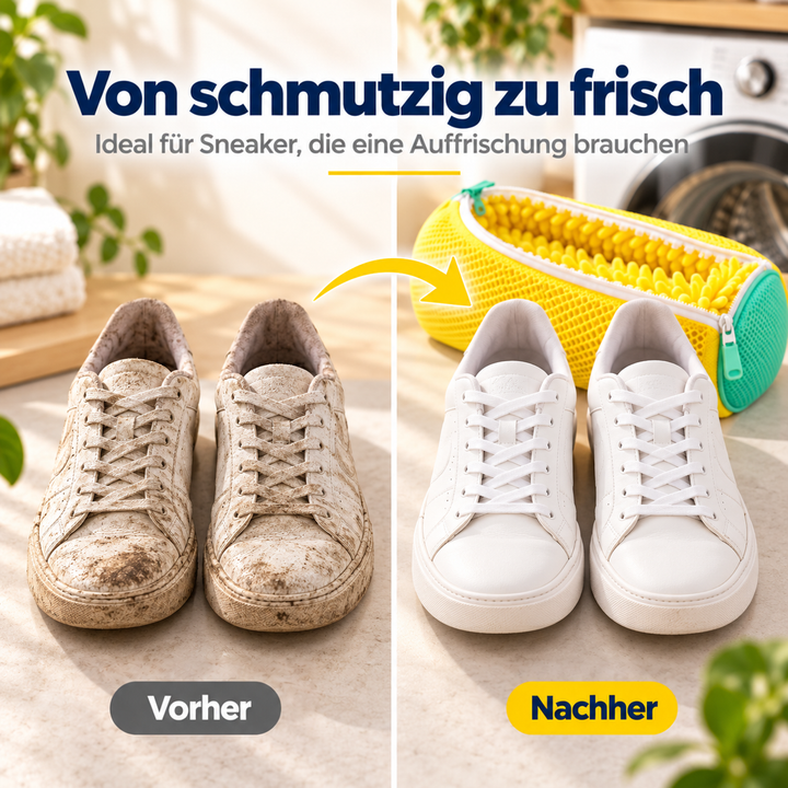 Links schmutzige Sneaker, rechts saubere weiße Sneaker vor der gelben Schuhtasche 5