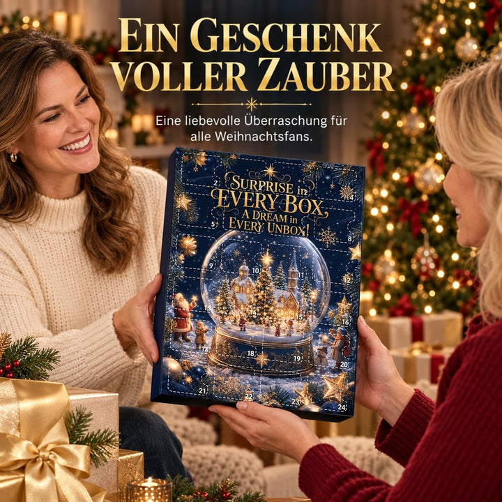 Eine Frau überreicht der anderen die Kalenderschachtel als Geschenk, im Hintergrund steht ein geschmückter Weihnachtsbaum 7