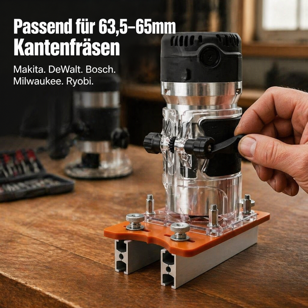 Auf der Schablone montierte Kantenfräse mit transparentem Gehäuse, eine Hand verstellt den schwarzen Griff, im Hintergrund eine zweite Fräse und Fräserset. 6