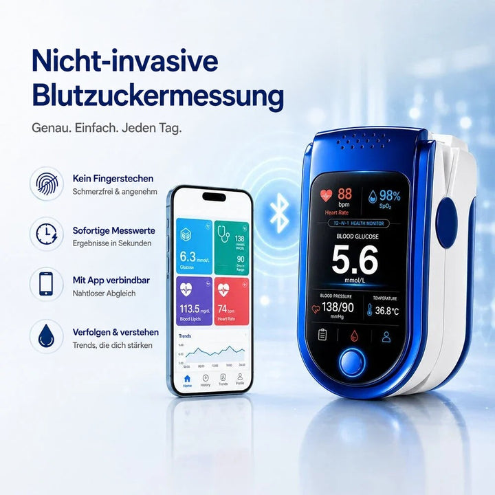 Das Gerät neben einem Smartphone mit App-Übersicht, dazwischen ein Bluetooth-Symbol, links vier Symbole zu Funktionen der App-Anbindung. 10