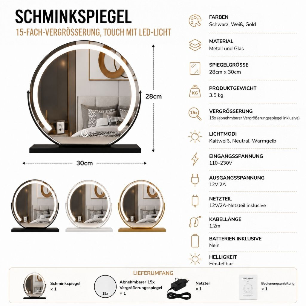 Infografik mit technischen Daten, Farbvarianten und Lieferumfang: Spiegel, abnehmbarer Vergrößerungsspiegel, Netzteil und 14